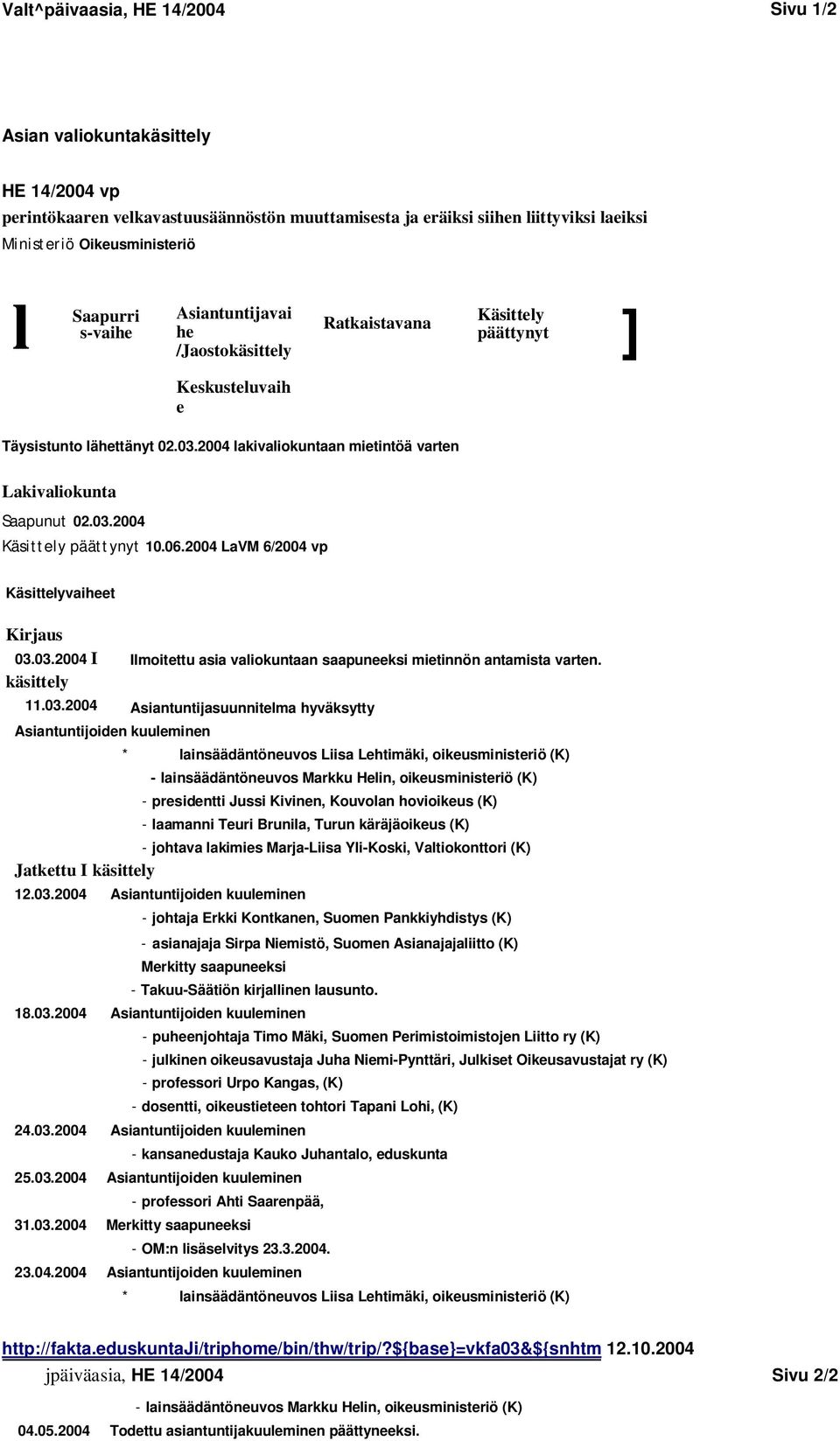 2004 lakivaliokuntaan mietintöä varten Lakivaliokunta Saapunut 02.03.2004 Käsittely päättynyt 10.06.2004 LaVM 6/2004 vp Käsittelyvaiheet Kirjaus 03.03.2004 I käsittely 11.03.2004 Asiantuntijoiden kuuleminen Ilmoitettu asia valiokuntaan saapuneeksi mietinnön antamista varten.