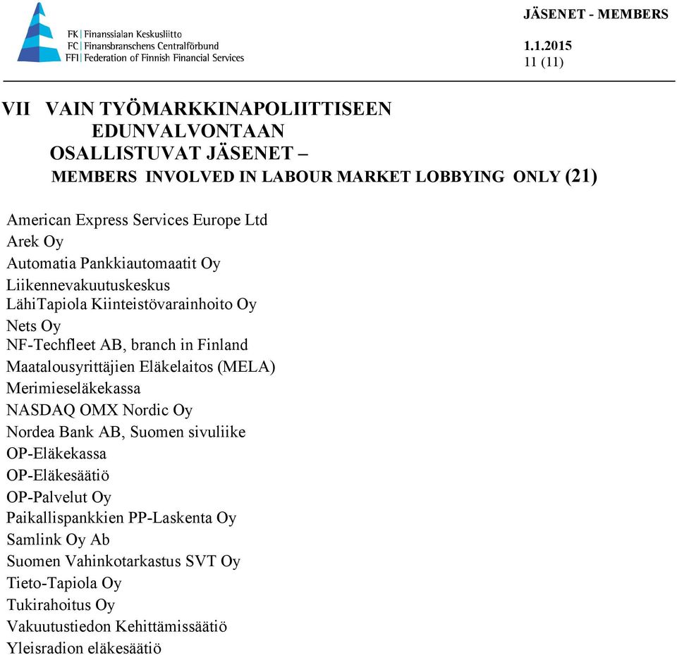 Maatalousyrittäjien Eläkelaitos (MELA) Merimieseläkekassa NASDAQ OMX Nordic Oy Nordea Bank AB, Suomen sivuliike OP-Eläkekassa OP-Eläkesäätiö OP-Palvelut Oy