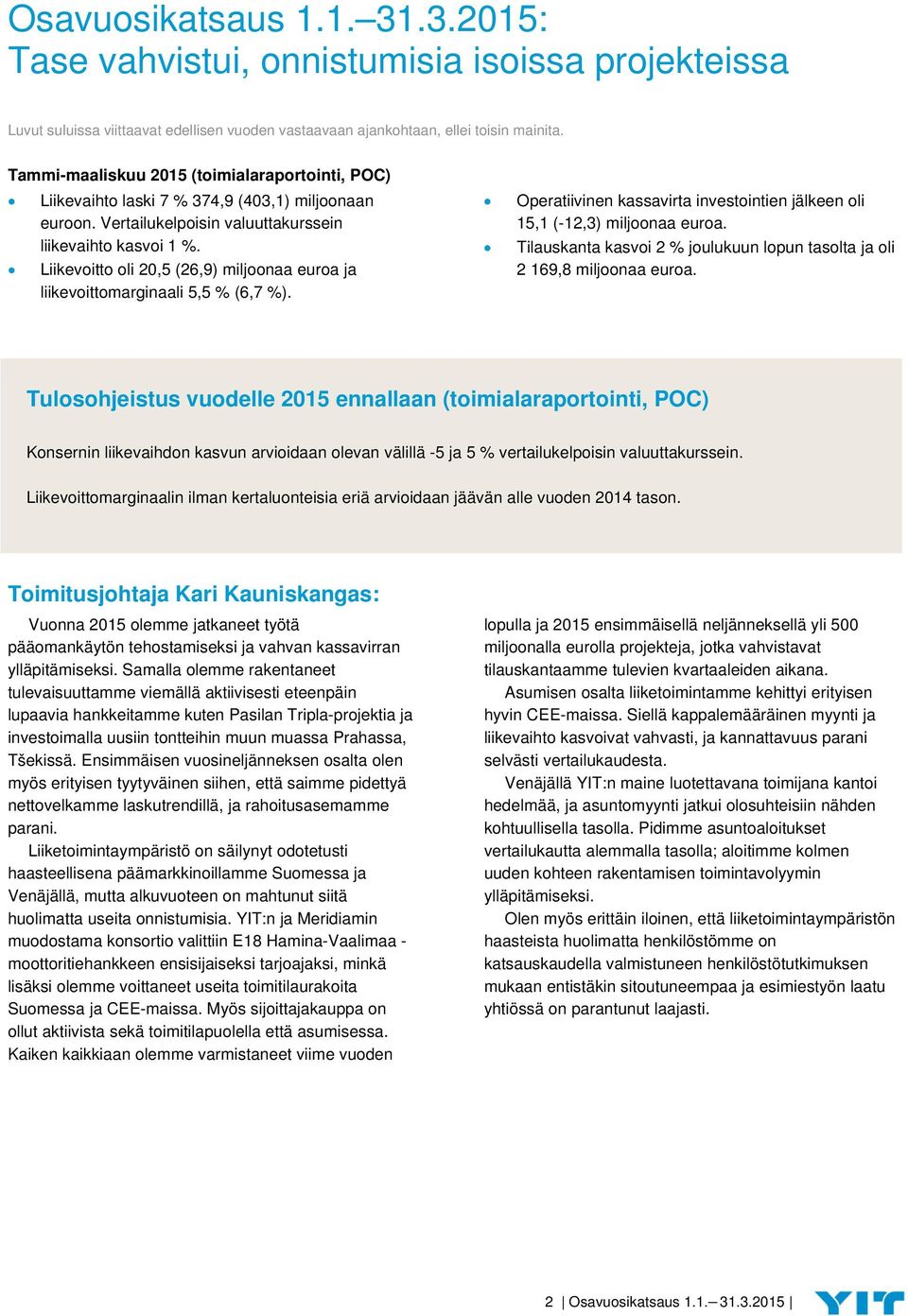 Liikevoitto oli 20,5 (26,9) miljoonaa euroa ja liikevoittomarginaali 5,5 % (6,7 %). Operatiivinen kassavirta investointien jälkeen oli 15,1 (-12,3) miljoonaa euroa.