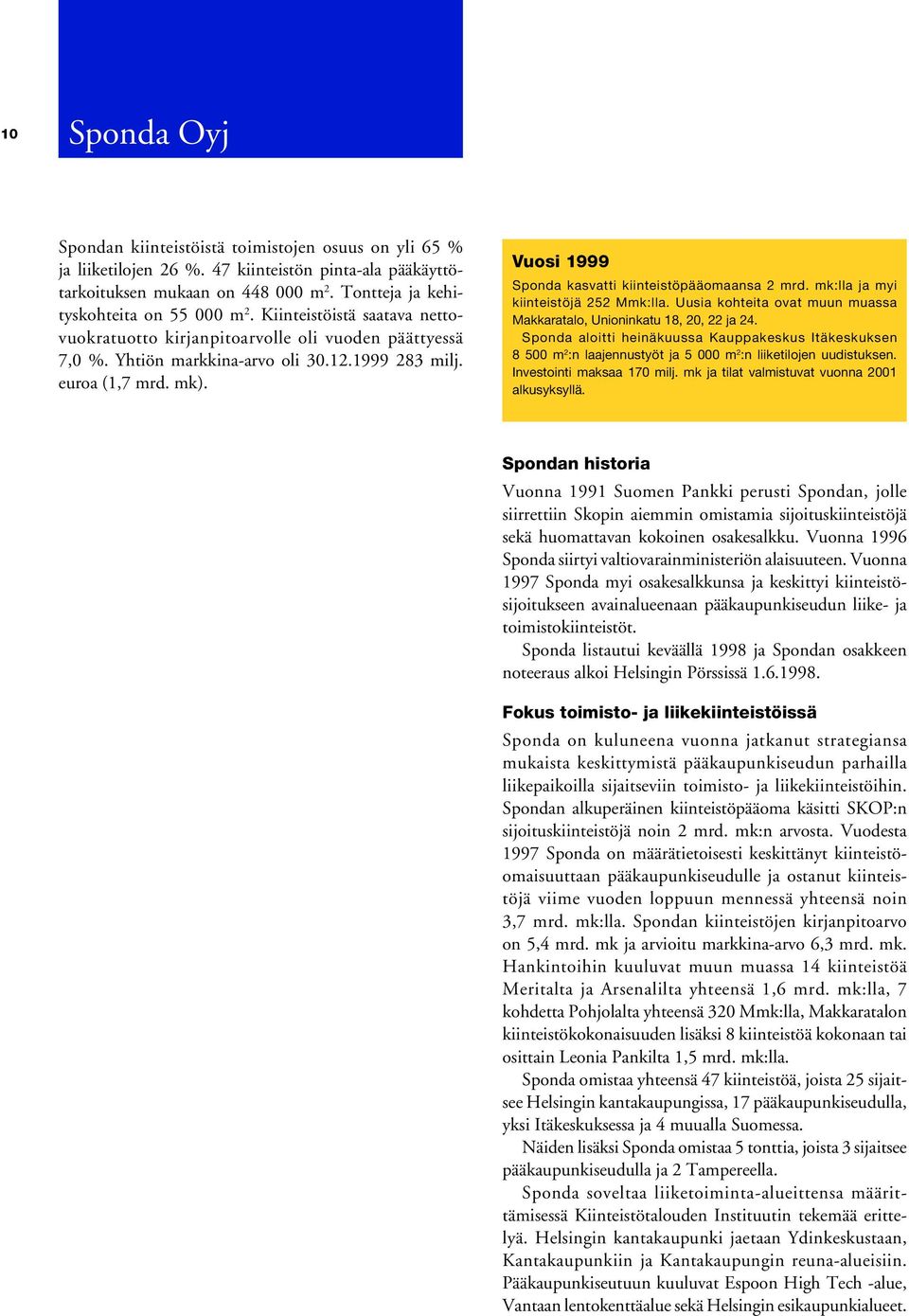 Vuosi 1999 Sponda kasvatti kiinteistöpääomaansa 2 mrd. mk:lla ja myi kiinteistöjä 252 Mmk:lla. Uusia kohteita ovat muun muassa Makkaratalo, Unioninkatu 18, 20, 22 ja 24.