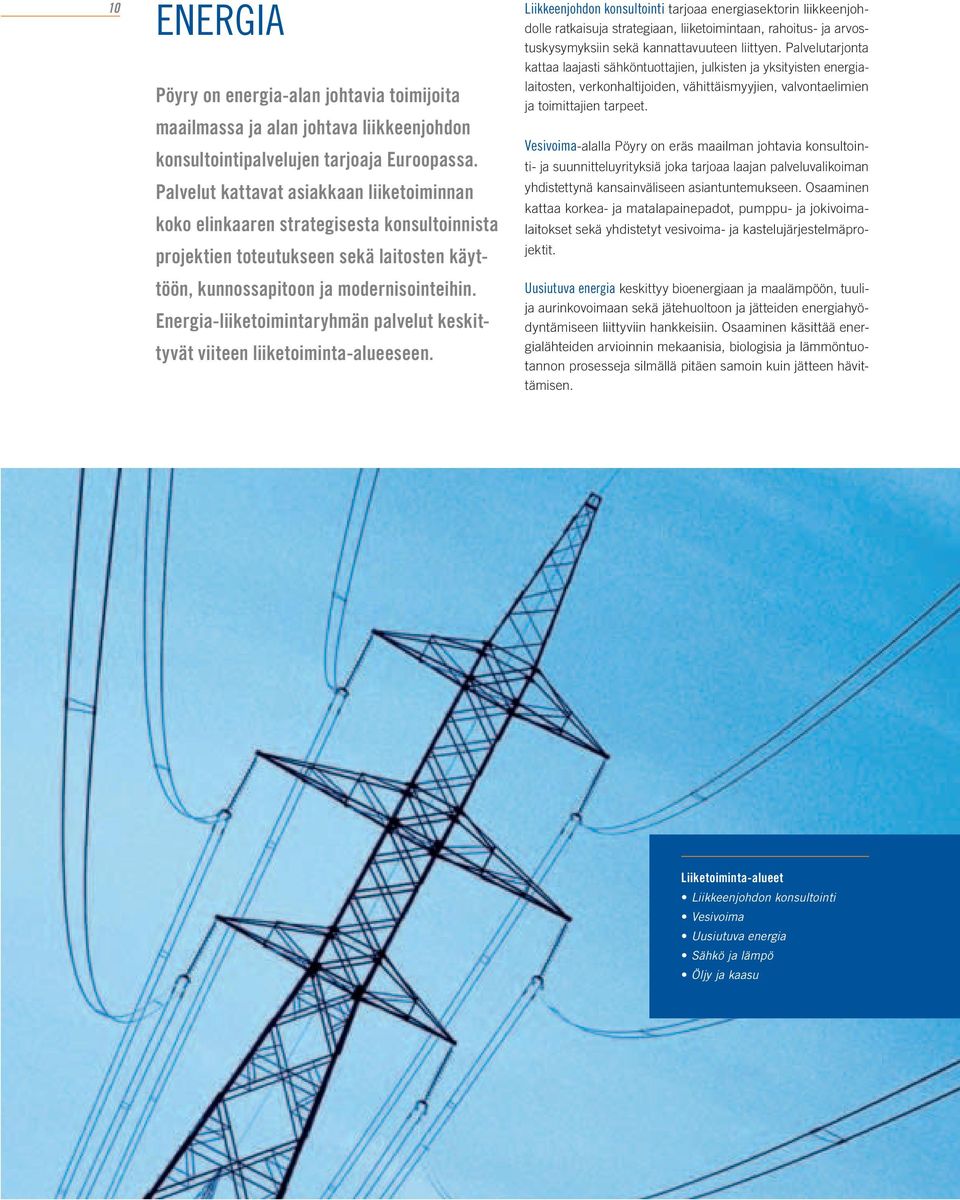 Energia-liiketoimintaryhmän palvelut keskittyvät viiteen liiketoiminta-alueeseen.