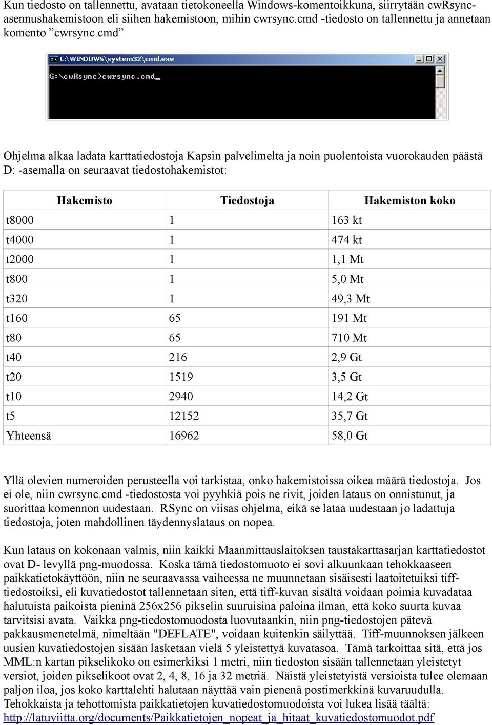 cmd Ohjelma alkaa ladata karttatiedostoja Kapsin palvelimelta ja noin puolentoista vuorokauden päästä D: -asemalla on seuraavat tiedostohakemistot: Hakemisto Tiedostoja Hakemiston koko t8000 1 163 kt