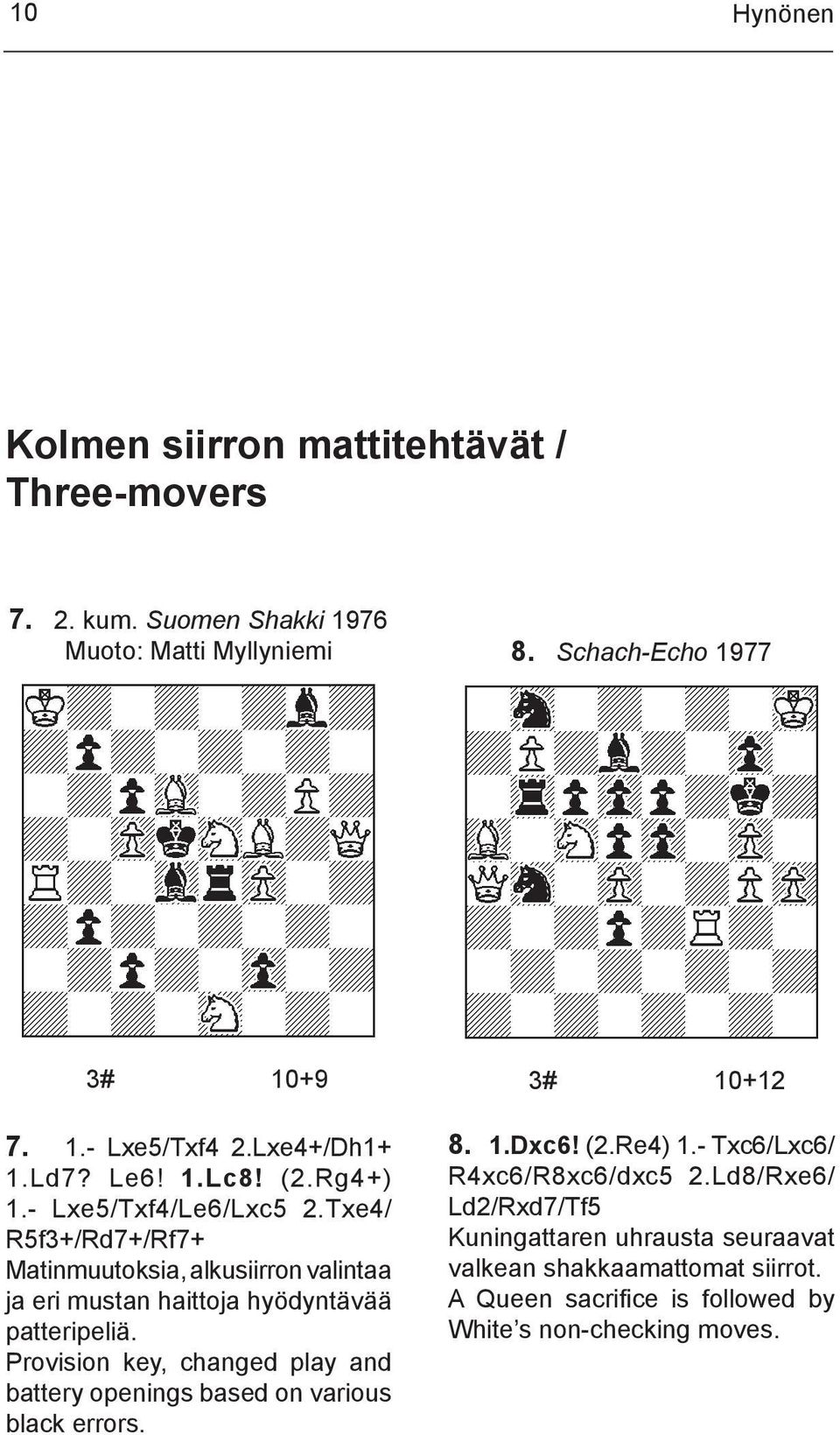 Txe4/ R5f3+/Rd7+/Rf7+ Matinmuutoksia, alkusiirron valintaa ja eri mustan haittoja hyö dyntävää patteripeliä.