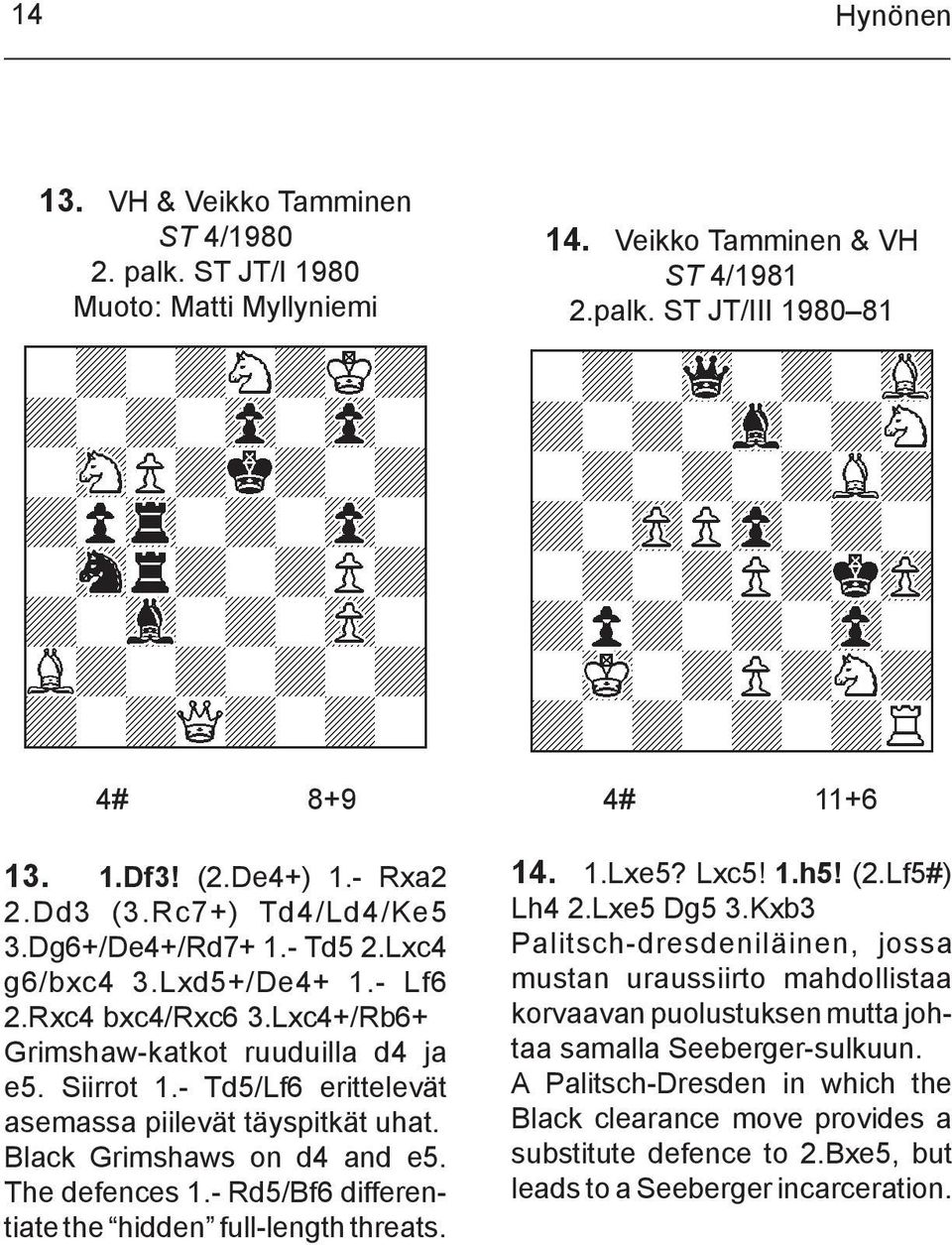 - Td5/Lf6 eritte le vät asemassa piilevät täyspitkät uhat. Black Grimshaws on d4 and e5. The defences 1.- Rd5/Bf6 differentiate the hidden full-length threats. 4# 11+6 14. 1.Lxe5? Lxc5! 1.h5! (2.