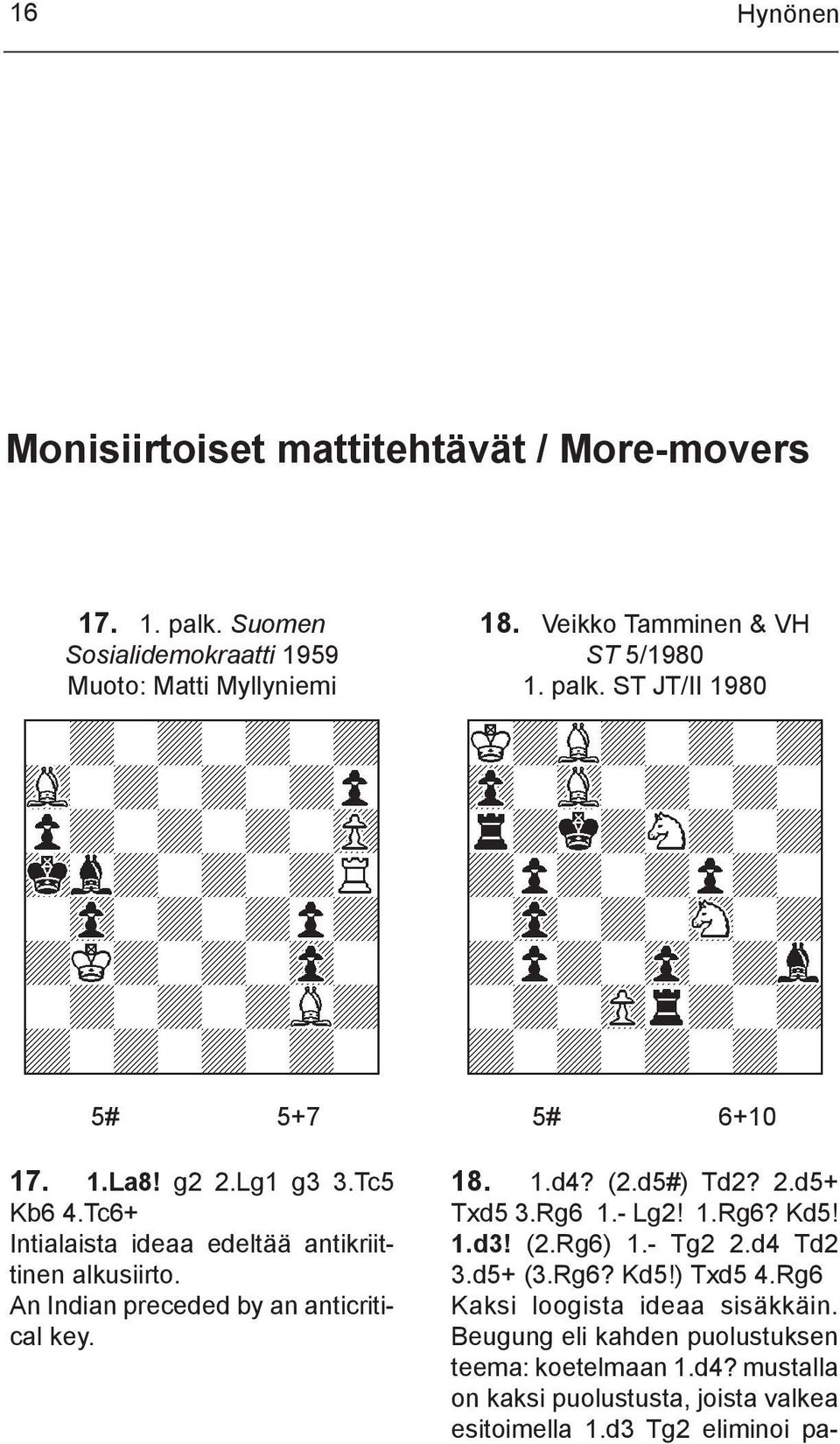An Indian preceded by an anticritical key. 5# 6+10 18. 1.d4? (2.d5#) Td2? 2.d5+ Txd5 3.Rg6 1.- Lg2! 1.Rg6? Kd5! 1.d3! (2.Rg6) 1.- Tg2 2.d4 Td2 3.d5+ (3.Rg6? Kd5!) Txd5 4.