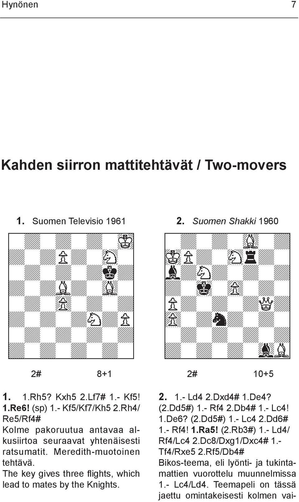 The key gives three flights, which lead to mates by the Knights. 2# 10+5 2. 1.- Ld4 2.Dxd4# 1.De4? (2.Dd5#) 1.- Rf4 2.Db4# 1.- Lc4! 1.De6? (2.Dd5#) 1.- Lc4 2.Dd6# 1.