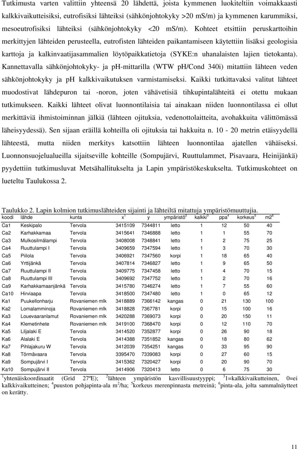 Kohteet etsittiin peruskarttoihin merkittyjen lähteiden perusteella, eutrofisten lähteiden paikantamiseen käytettiin lisäksi geologisia karttoja ja kalkinvaatijasammalien löytöpaikkatietoja (SYKE:n