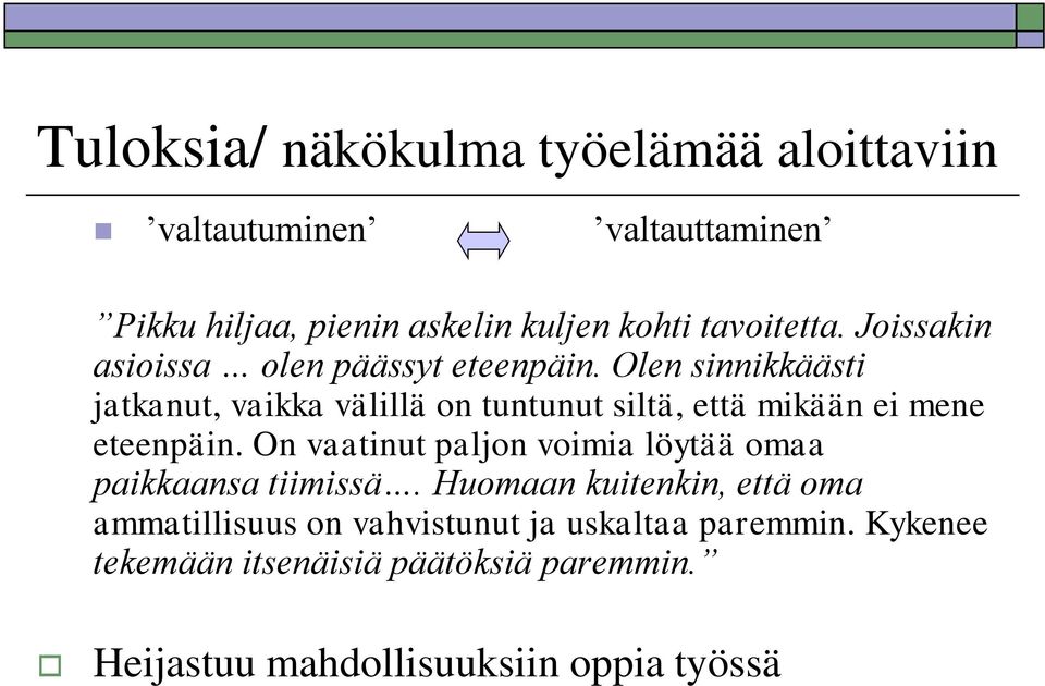 Olen sinnikkäästi jatkanut, vaikka välillä on tuntunut siltä, että mikään ei mene eteenpäin.