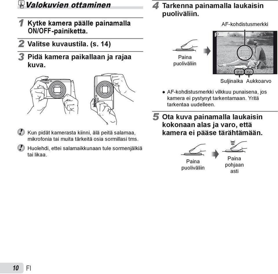 0 Suljinaika Aukkoarvo AF-kohdistusmerkki vilkkuu punaisena, jos kamera ei pystynyt tarkentamaan. Yritä tarkentaa uudelleen.