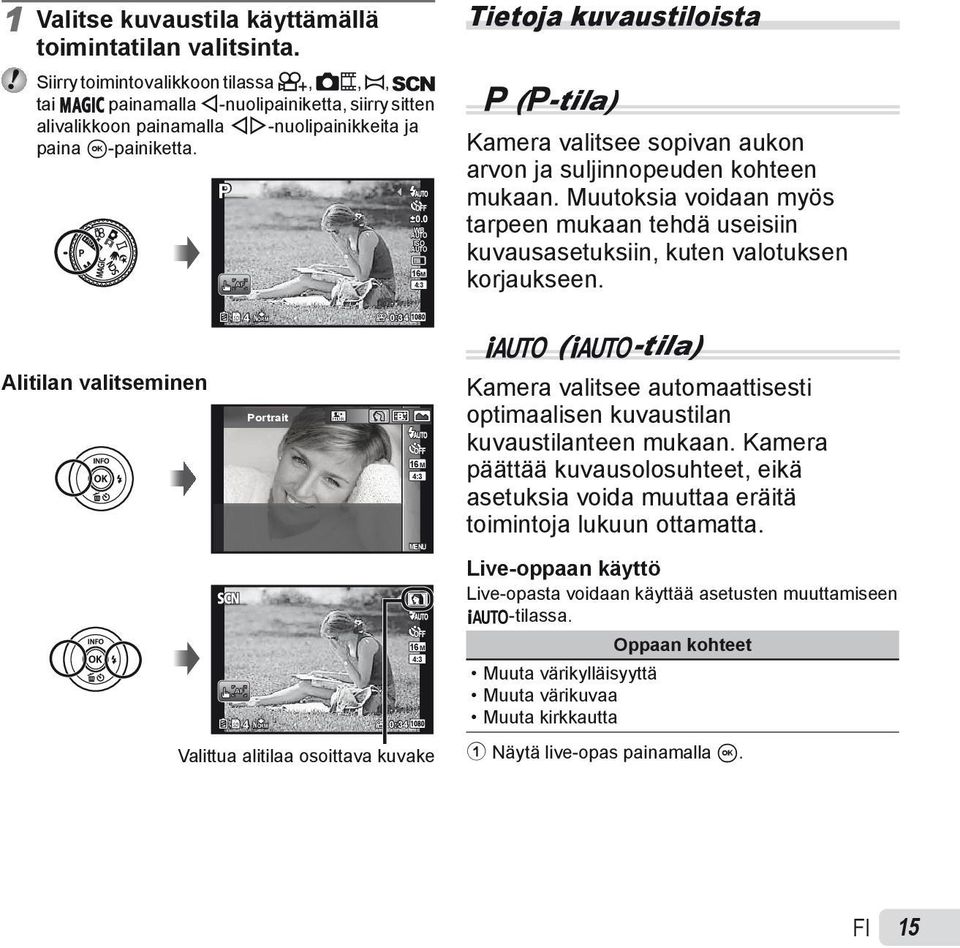 0 WB AUTO ISO AUTO 16M 4:3 Tietoja kuvaustiloista P (P-tila) Kamera valitsee sopivan aukon arvon ja suljinnopeuden kohteen mukaan.