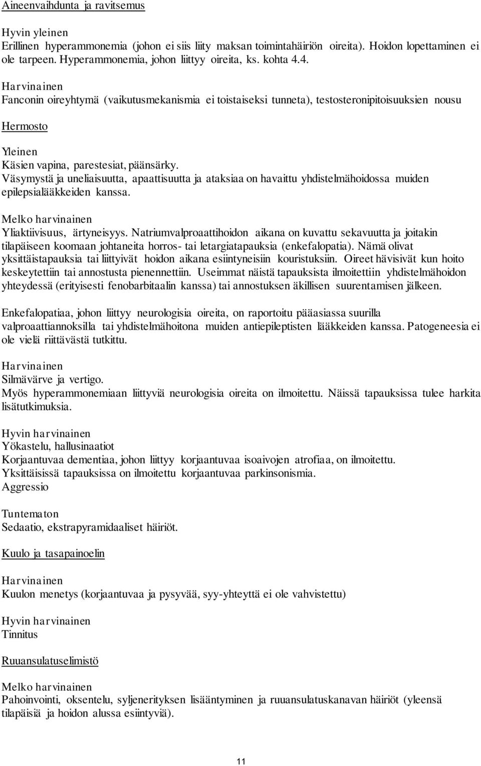 4. Harvinainen Fanconin oireyhtymä (vaikutusmekanismia ei toistaiseksi tunneta), testosteronipitoisuuksien nousu Hermosto Yleinen Käsien vapina, parestesiat, päänsärky.