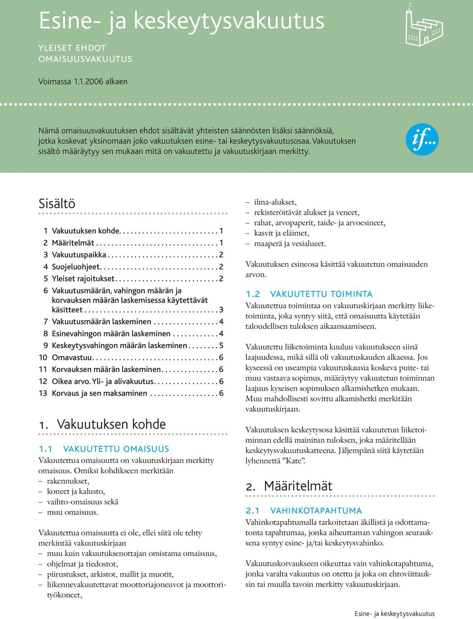 Vakuutuksen sisältö määräytyy sen mukaan mitä on vakuutettu ja vakuutuskirjaan merkitty. Sisältö 1 Vakuutuksen kohde... 1 2 Määritelmät... 1 3 Vakuutuspaikka... 2 4 Suojeluohjeet.