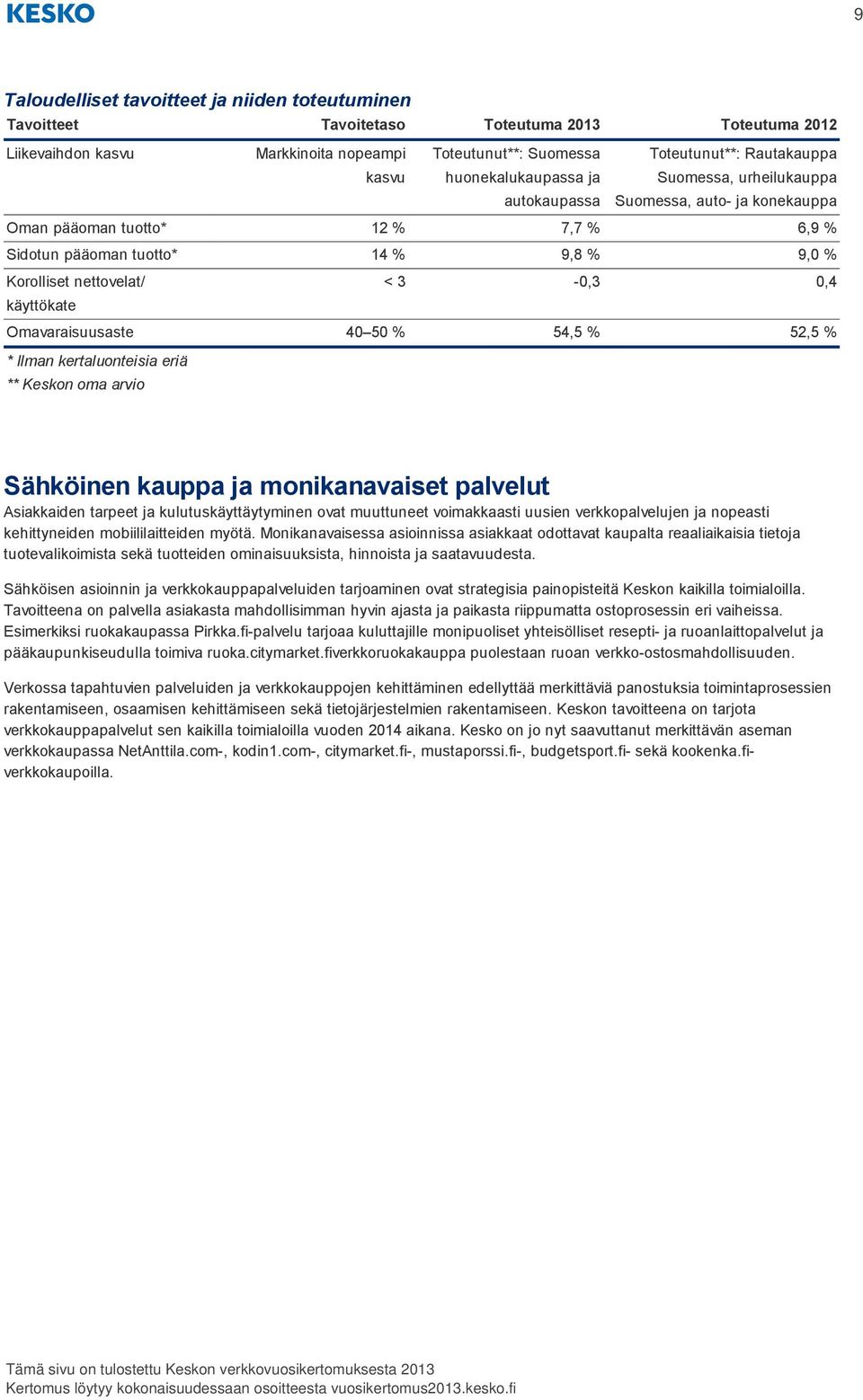 3-0,3 0,4 käyttökate Omavaraisuusaste 40 50 % 54,5 % 52,5 % * Ilman kertaluonteisia eriä ** Keskon oma arvio Sähköinen kauppa ja monikanavaiset palvelut Asiakkaiden tarpeet ja kulutuskäyttäytyminen