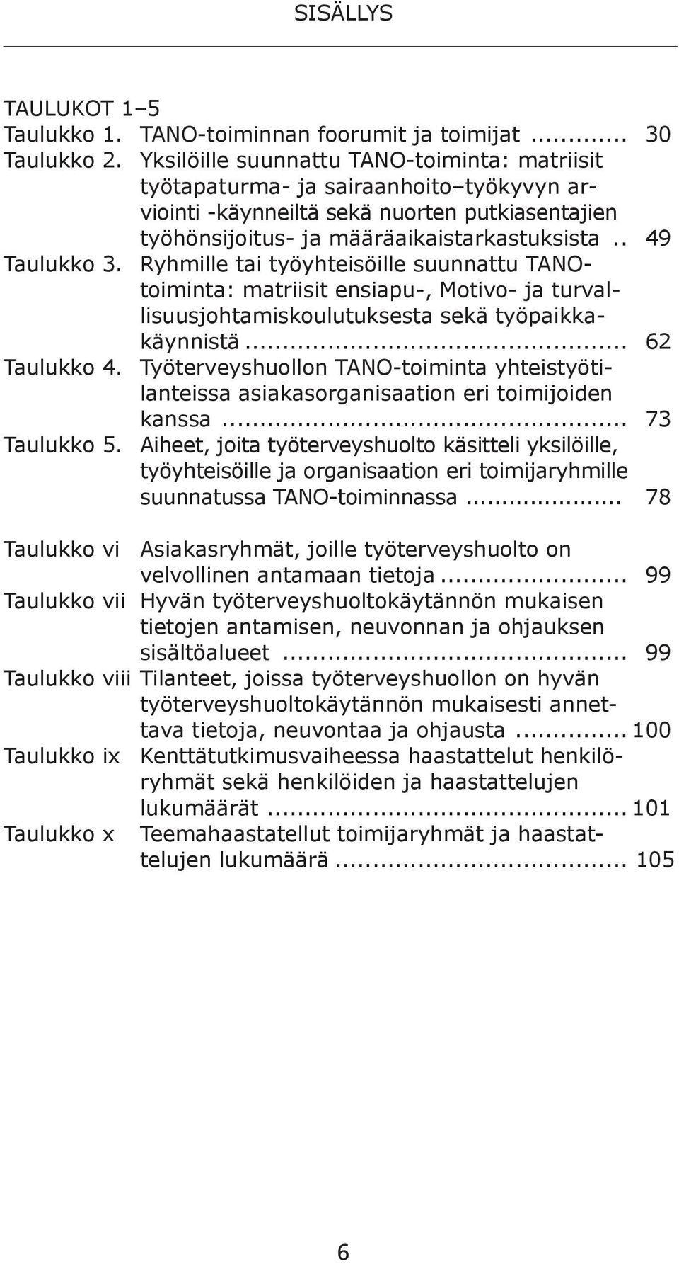 Ryhmille tai työyhteisöille suunnattu TANOtoiminta: matriisit ensiapu-, Motivo- ja turvallisuusjohtamiskoulutuksesta sekä työpaikkakäynnistä... 62 Taulukko 4.