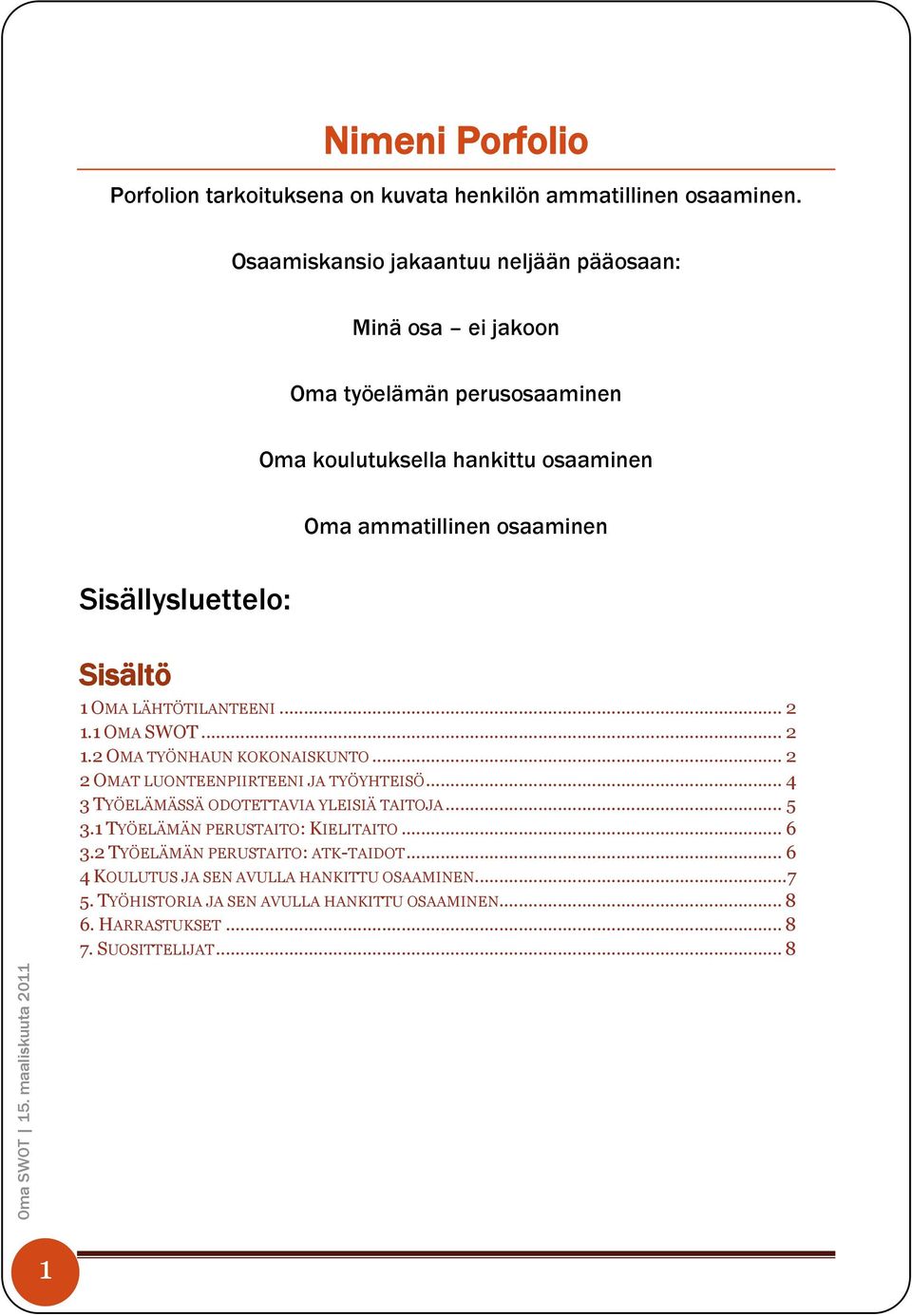 Sisältö 1 OMA LÄHTÖTILANTEENI... 2 1.1 OMA SWOT... 2 1.2 OMA TYÖNHAUN KOKONAISKUNTO... 2 2 OMAT LUONTEENPIIRTEENI JA TYÖYHTEISÖ... 4 3 TYÖELÄMÄSSÄ ODOTETTAVIA YLEISIÄ TAITOJA.