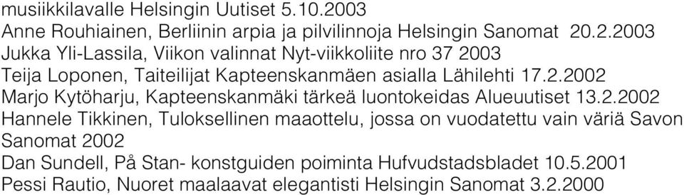 .2.2003 Jukka Yli-Lassila, Viikon valinnat Nyt-viikkoliite nro 37 2003 Teija Loponen, Taiteilijat Kapteenskanmäen asialla Lähilehti 17.2.2002 Marjo Kytöharju, Kapteenskanmäki tärkeä luontokeidas Alueuutiset 13.