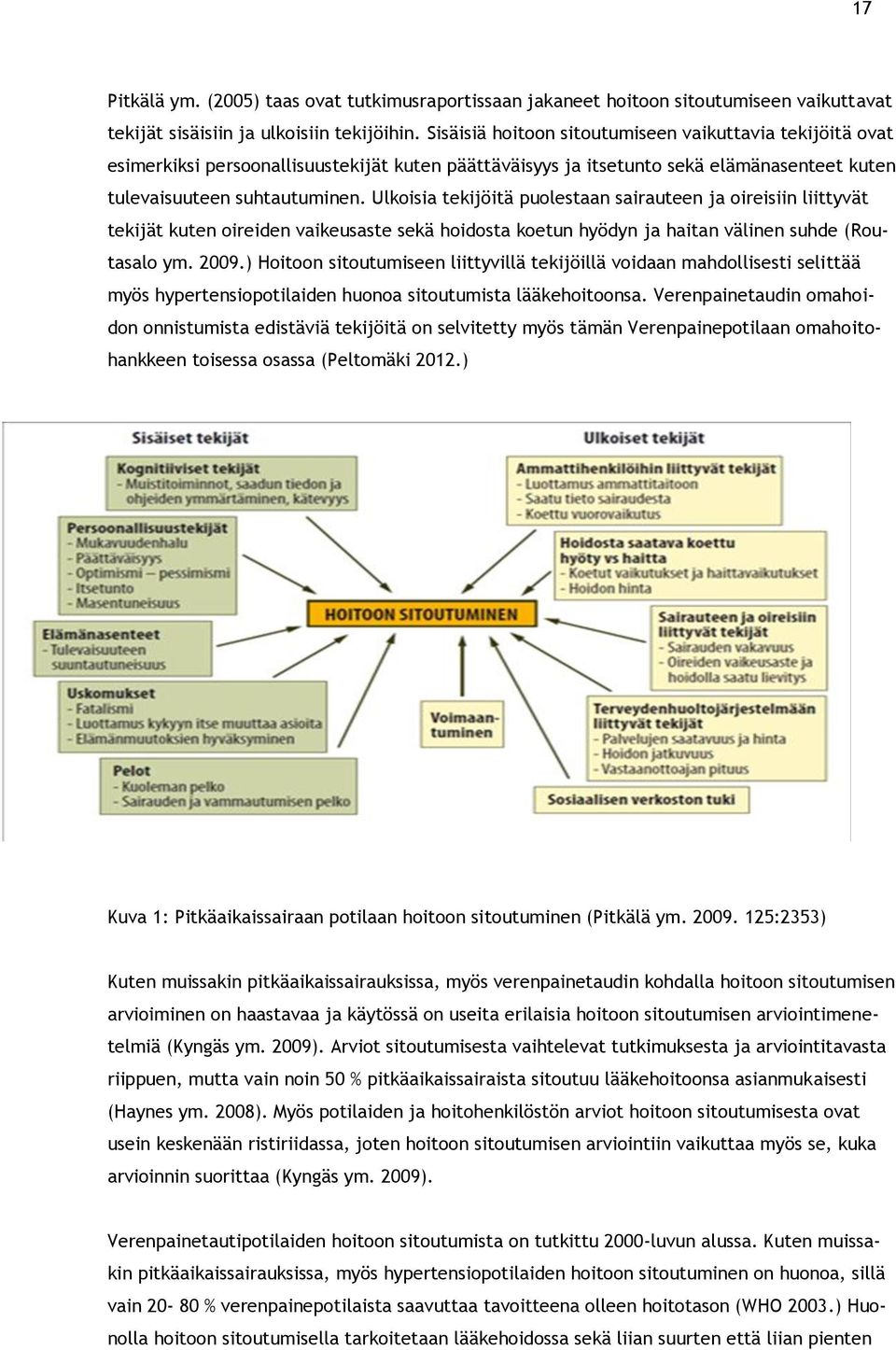 Ulkoisia tekijöitä puolestaan sairauteen ja oireisiin liittyvät tekijät kuten oireiden vaikeusaste sekä hoidosta koetun hyödyn ja haitan välinen suhde (Routasalo ym. 2009.