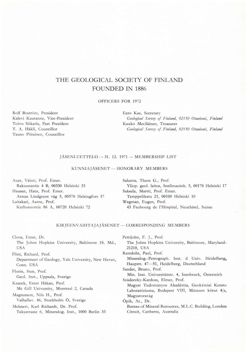 Finland JÄSENLUETTELO 31. 12. 1971 MEMBERSHIP LIST KUNNIAJÄSENET HONORARY MEMBERS Auer, Väinö, Prof. Emer. Rakuunantie 4 B, 00330 Helsinki 33 Hausen, Hans, Prof. Emer. Armas Lindgrens väg 5, 00570 Helsingfors 57 Laitakari, Aarne, Prof.