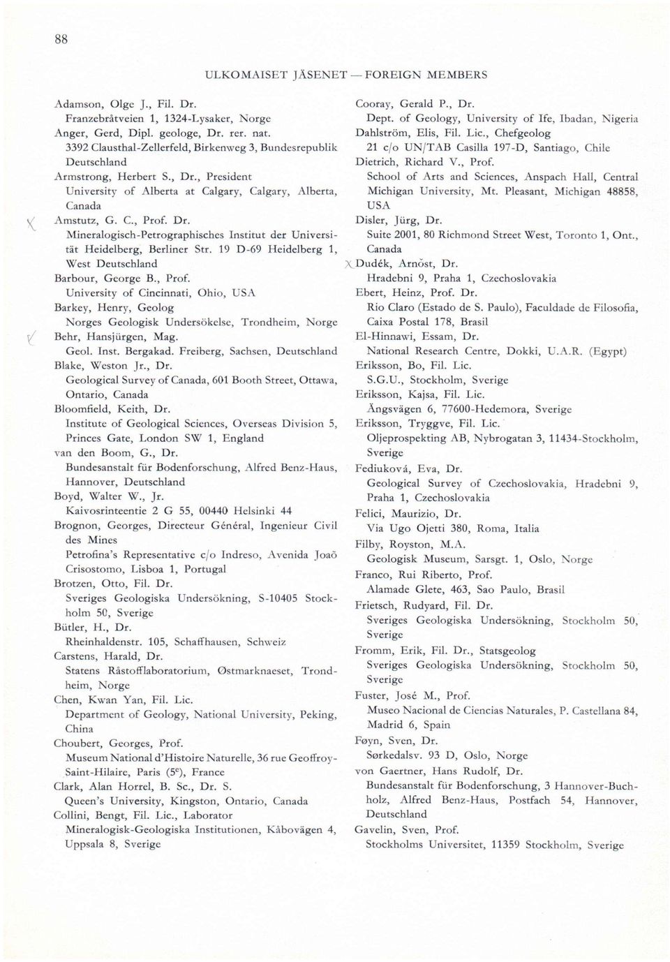 19 D-69 Heidelberg 1, West Deutschland Barbour, George B., Prof. University of Cincinnati, Ohio, USA Barkey, Henry, Geolog Norges Geologisk Undersökelse, Trondheim, Norge Y Behr, Hansjürgen, Mag.