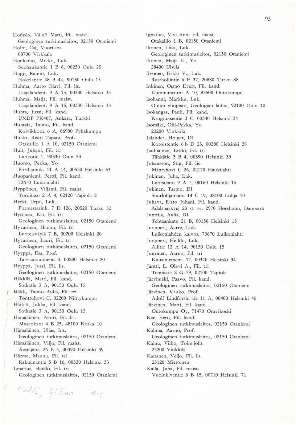 UNDP PK407, Ankara, Turkki Huhtala, Tauno, Fil. kand. Koivikkotie 6 A, 86900 Pyhäkumpu Hukki, Risto Tapani, Prof. Otakallio 1 A 10, 02150 Otaniemi Hult, Juhani, Fil.