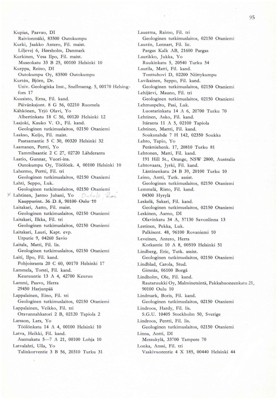 8 G 56, 02210 Ruomela Kähkönen, Yrjö Olavi, Yo Albertinkatu 18 C 56, 00120 Helsinki 12 Laajoki, Kauko V. O., Fil. kand. Laakso, Keijo, Fil. maist.