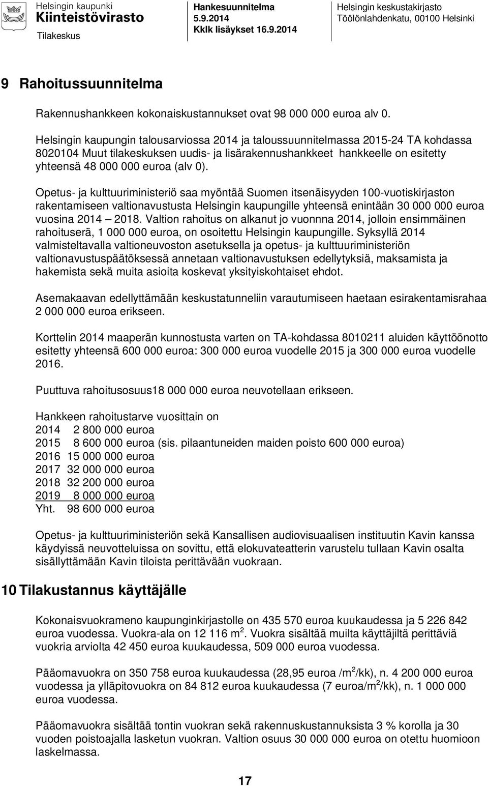 Opetus- ja kulttuuriministeriö saa myöntää Suomen itsenäisyyden 100-vuotiskirjaston rakentamiseen valtionavustusta Helsingin kaupungille yhteensä enintään 30 000 000 euroa vuosina 2014 2018.