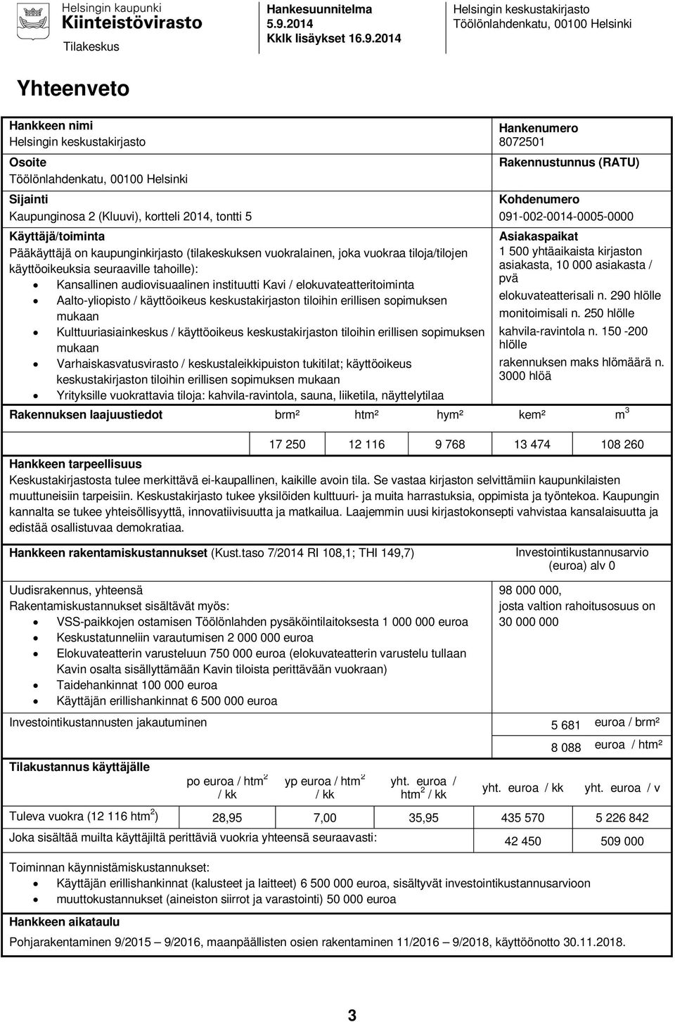 2014 Helsingin keskustakirjasto Töölönlahdenkatu, 00100 Helsinki Yhteenveto Hankkeen nimi Hankenumero Helsingin keskustakirjasto 8072501 Osoite Töölönlahdenkatu, 00100 Helsinki Rakennustunnus (RATU)