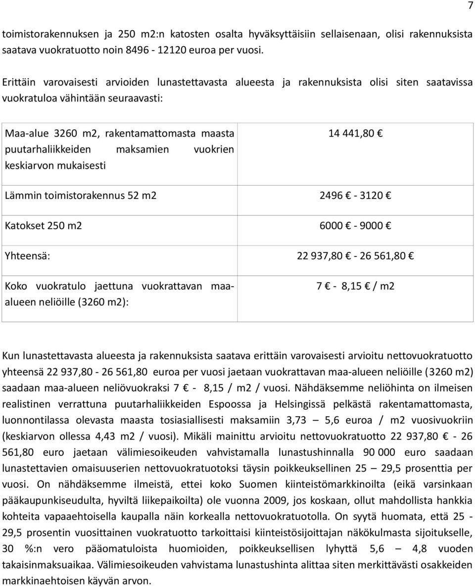 maksamien vuokrien keskiarvon mukaisesti 14 441,80 Lämmin toimistorakennus 52 m2 2496-3120 Katokset 250 m2 6000-9000 Yhteensä: 22 937,80-26 561,80 Koko vuokratulo jaettuna vuokrattavan maaalueen