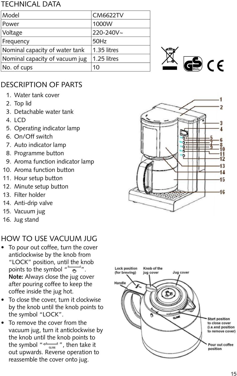 Aroma function button 11. Hour setup button 12. Minute setup button 13. Filter holder 14. Anti-drip valve 15. Vacuum jug 16.