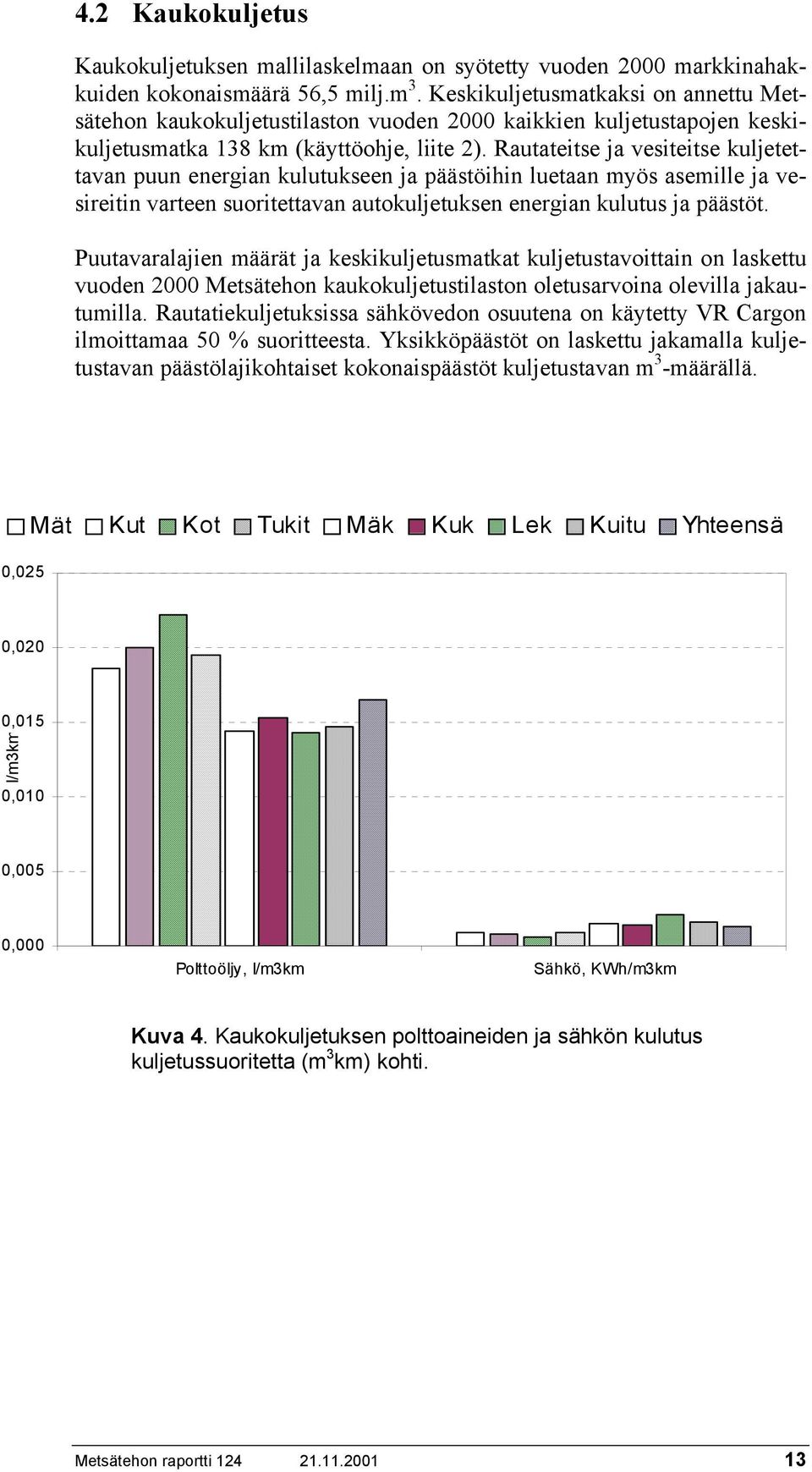 Rautateitse ja vesiteitse kuljetettavan puun energian kulutukseen ja päästöihin luetaan myös asemille ja vesireitin varteen suoritettavan autokuljetuksen energian kulutus ja päästöt.