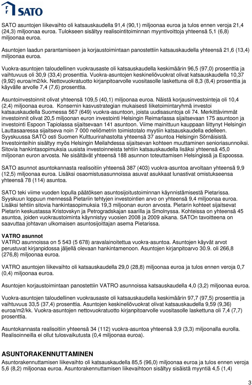 Asuntojen laadun parantamiseen ja korjaustoimintaan panostettiin katsauskaudella yhteensä 21,6 (13,4) miljoonaa euroa.