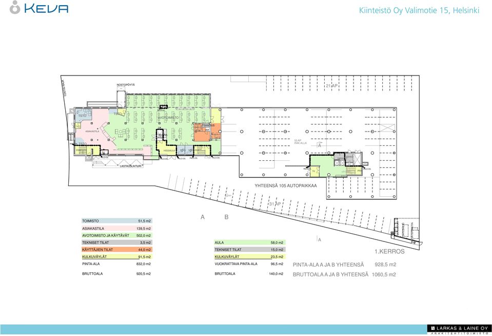 YHTEENSÄ 105 UTOPI +21,450 31 P SIKSTIL VO J KÄYTÄVÄT TEKNISET TILT 51,5 m2 139,5 m2 502,0 m2 3,5 m2 UL B 58,0 m2 PIENET JÄTESTIT JÄTESÄILIÖ JÄTEPURISTIN KÄYTTÄJIEN TILT 44,0 m2