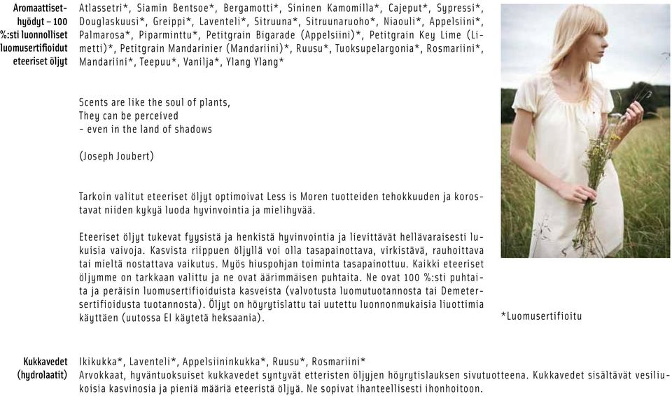 Tuoksupelargonia*, Rosmariini*, Mandariini*, Teepuu*, Vanilja*, Ylang Ylang* Scents are like the soul of plants, They can be perceived - even in the land of shadows (Joseph Joubert) Tarkoin valitut