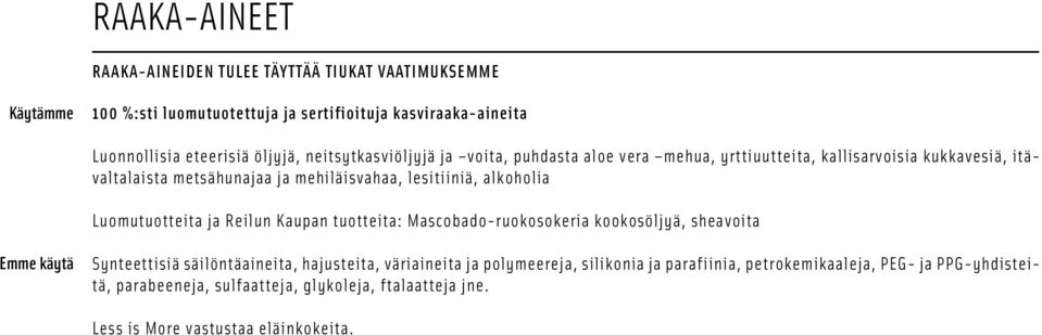 Luomutuotteita ja Reilun Kaupan tuotteita: Mascobado-ruokosokeria kookosöljyä, sheavoita Emme käytä Synteettisiä säilöntäaineita, hajusteita, väriaineita ja