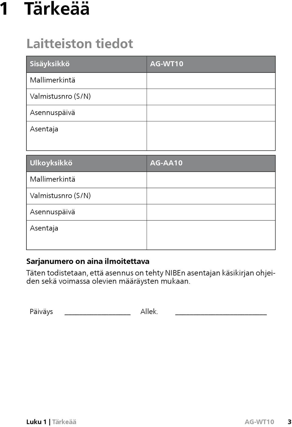 Sarjanumero on aina ilmoitettava Täten todistetaan, että asennus on tehty NIBEn