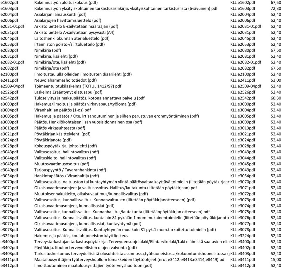 e2031pdf Arkistoluettelo A-säilytetään pysyvästi (A4) KLL e2031pdf 52,40 e2045pdf Laitoshenkilökunnan aterialuettelo (pdf) KLL e2045pdf 52,40 e2053pdf Irtaimiston poisto-/siirtoluettelo (pdf) KLL