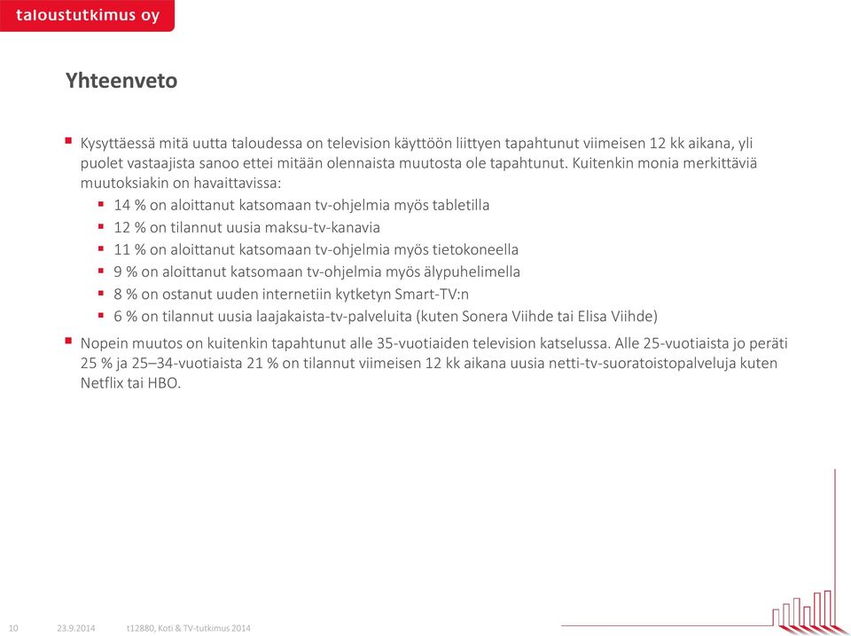 myös tietokoneella 9 % on aloittanut katsomaan tv-ohjelmia myös älypuhelimella 8 % on ostanut uuden internetiin kytketyn Smart-TV:n 6 % on tilannut uusia laajakaista-tv-palveluita (kuten Sonera