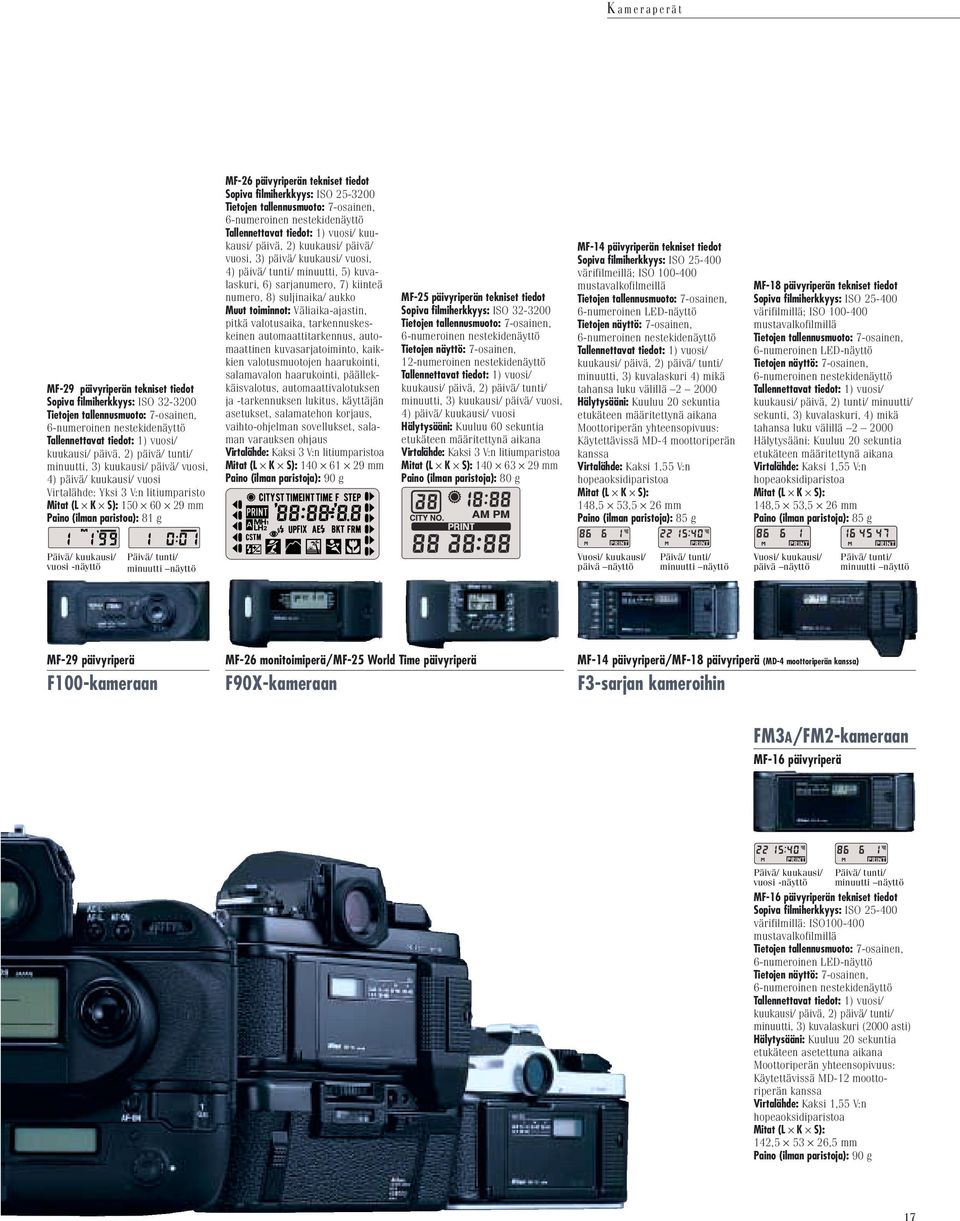 tiedot Sopiva filmiherkkyys: ISO 25-3200 Tietojen tallennusmuoto: 7-osainen, 6-numeroinen nestekidenäyttö Tallennettavat tiedot: 1) vuosi/ kuukausi/ päivä, 2) kuukausi/ päivä/ vuosi, 3) päivä/