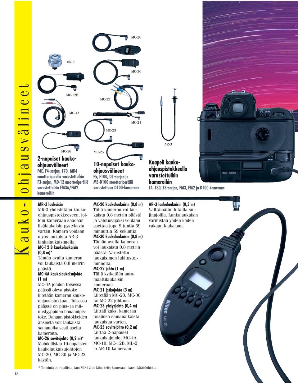MC-12 B kaukolaukaisin (0,8 m)* Tämän avulla kameran voi laukaista 0,8 metrin päästä. MC-4A kaukolaukaisujohto (1 m) MC-4A johdon toisessa päässä oleva pistoke liitetään kameran kaukoohjausistukkaan.