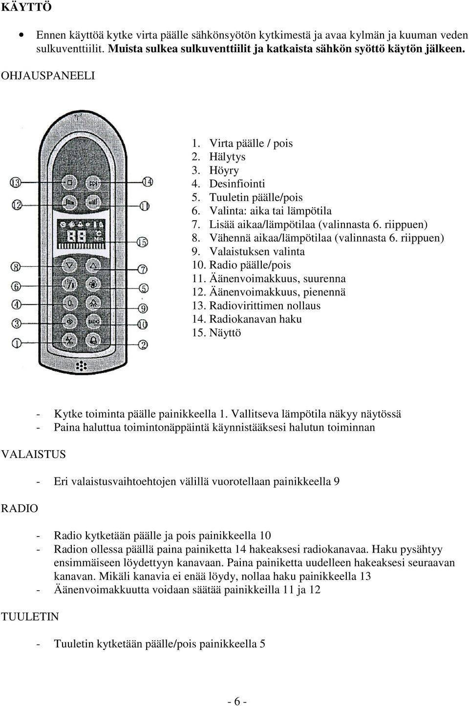 Vähennä aikaa/lämpötilaa (valinnasta 6. riippuen) 9. Valaistuksen valinta 10. Radio päälle/pois 11. Äänenvoimakkuus, suurenna 12. Äänenvoimakkuus, pienennä 13. Radiovirittimen nollaus 14.