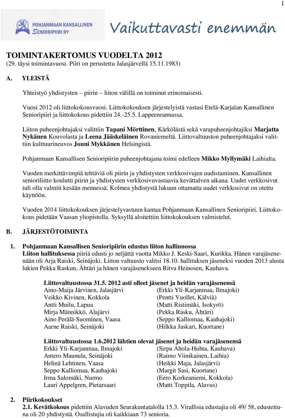 Liiton puheenjohtajaksi valittiin Tapani Mörttinen, Kärkölästä sekä varapuheenjohtajiksi Marjatta Nykänen Kouvolasta ja Leena Jääskeläinen Rovaniemeltä.