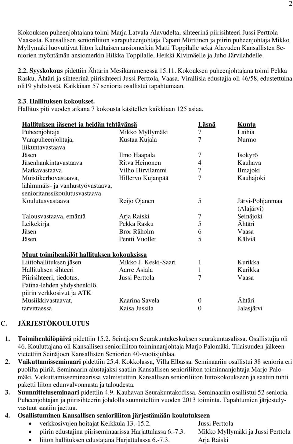 myöntämän ansiomerkin Hilkka Toppilalle, Heikki Kivimäelle ja Juho Järvilahdelle. 2.2. Syyskokous pidettiin Ähtärin Mesikämmenessä 15.11.