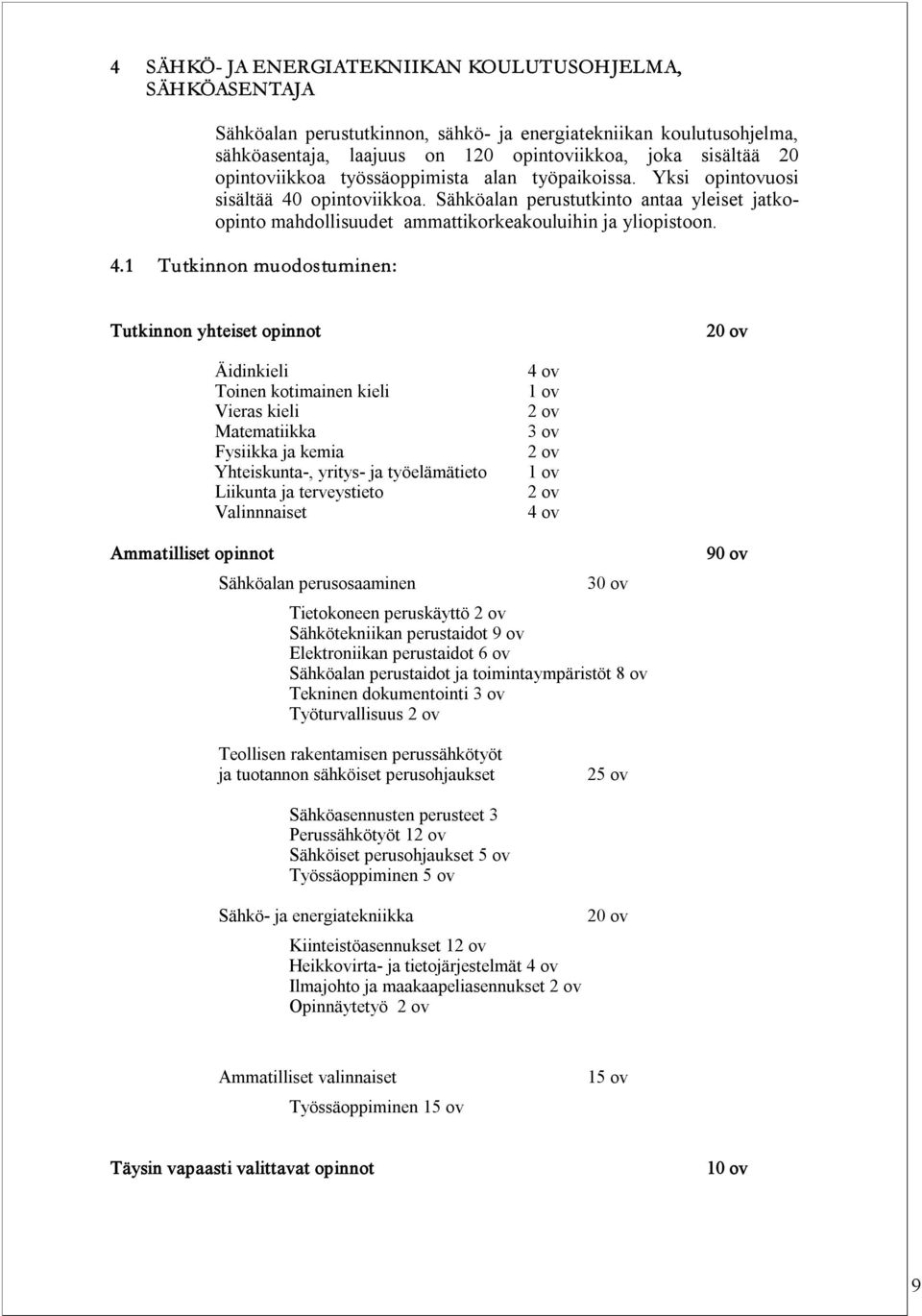 opintoviikkoa. Sähköalan perustutkinto antaa yleiset jatkoopinto mahdollisuudet ammattikorkeakouluihin ja yliopistoon. 4.