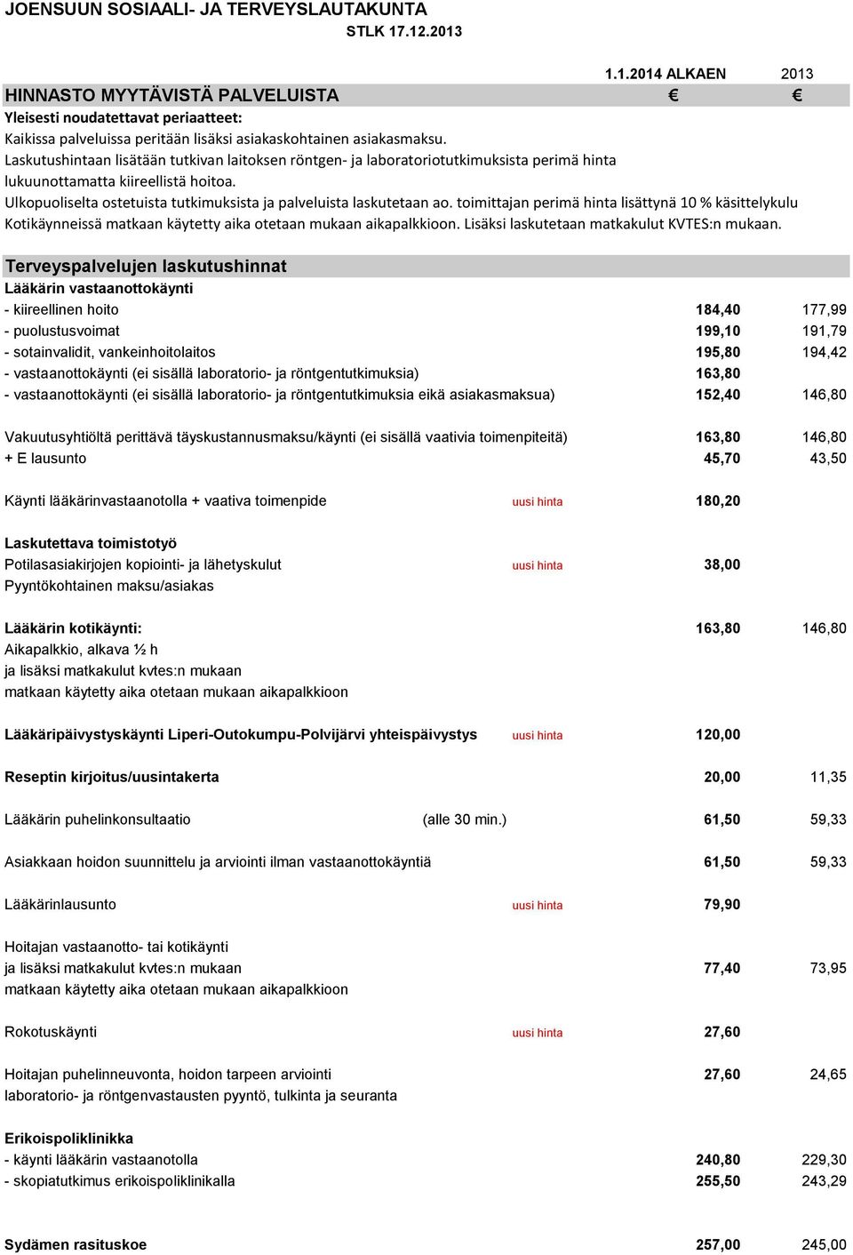 Ulkopuoliselta ostetuista tutkimuksista ja palveluista laskutetaan ao. toimittajan perimä hinta lisättynä 10 % käsittelykulu Kotikäynneissä matkaan käytetty aika otetaan mukaan aikapalkkioon.