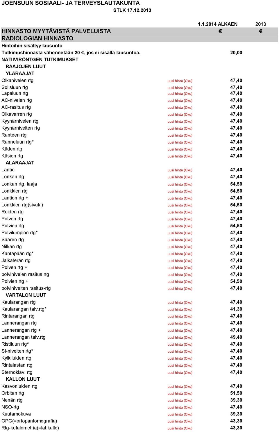 (Oku) 47,40 AC-rasitus rtg uusi hinta (Oku) 47,40 Olkavarren rtg uusi hinta (Oku) 47,40 Kyynärnivelen rtg uusi hinta (Oku) 47,40 Kyynärnivelten rtg uusi hinta (Oku) 47,40 Ranteen rtg uusi hinta (Oku)