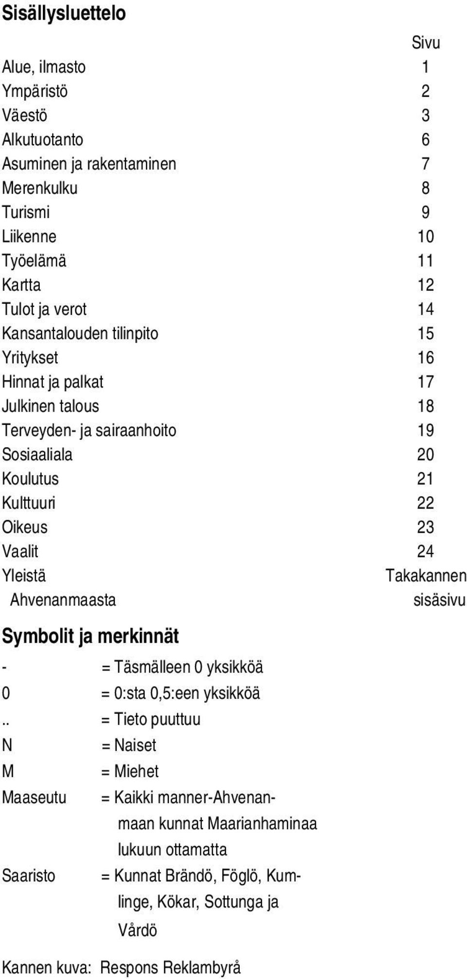 Vaalit 24 Yleistä Takakannen Ahvenanmaasta sisäsivu Symbolit ja merkinnät - = Täsmälleen 0 yksikköä 0 = 0:sta 0,5:een yksikköä.