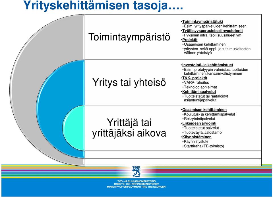 Projektit Osaamisen kehittäminen yritysten sekä oppi- ja tutkimuslaitosten välinen yhteistyö Investointi- ja kehittämistuet Esim.