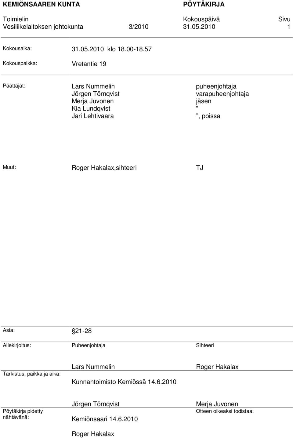 puheenjohtaja varapuheenjohtaja jäsen, poissa Muut: Roger Hakalax,sihteeri TJ Asia: 21-28 Allekirjoitus: Puheenjohtaja