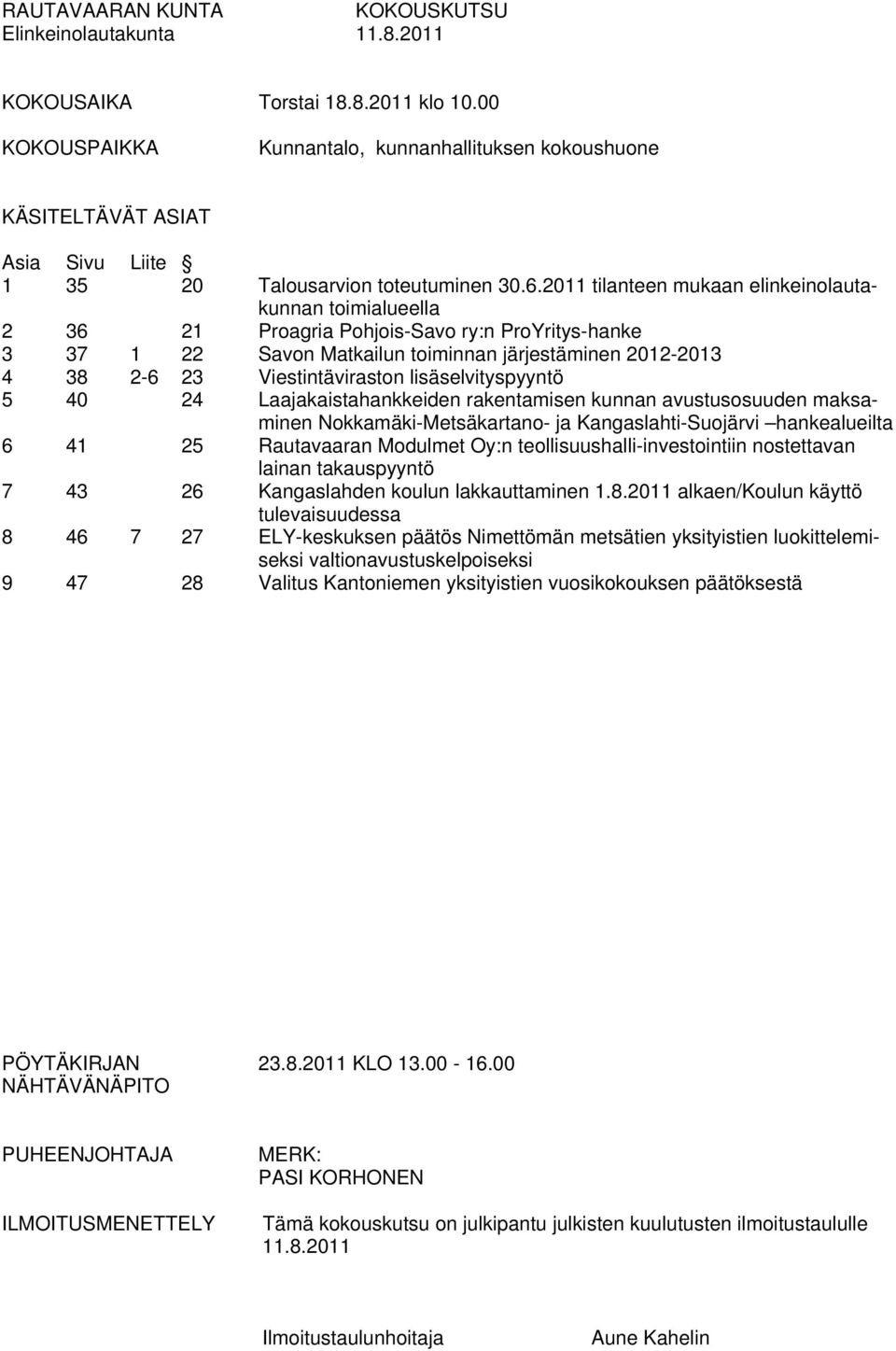 2011 tilanteen mukaan elinkeinolautakunnan toimialueella 2 36 21 Proagria Pohjois-Savo ry:n ProYritys-hanke 3 37 1 22 Savon Matkailun toiminnan järjestäminen 2012-2013 4 38 2-6 23 Viestintäviraston
