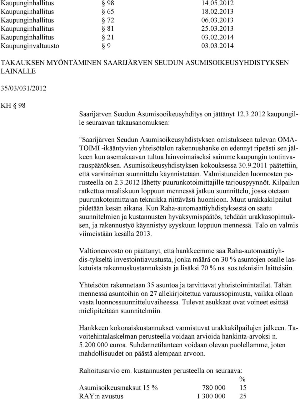 3.2012 kaupungille seuraavan takausanomuksen: "Saarijärven Seudun Asumisoikeusyhdistyksen omistukseen tulevan OMA- TOIMI -ikääntyvien yhteisötalon rakennushanke on edennyt ripeästi sen jälkeen kun